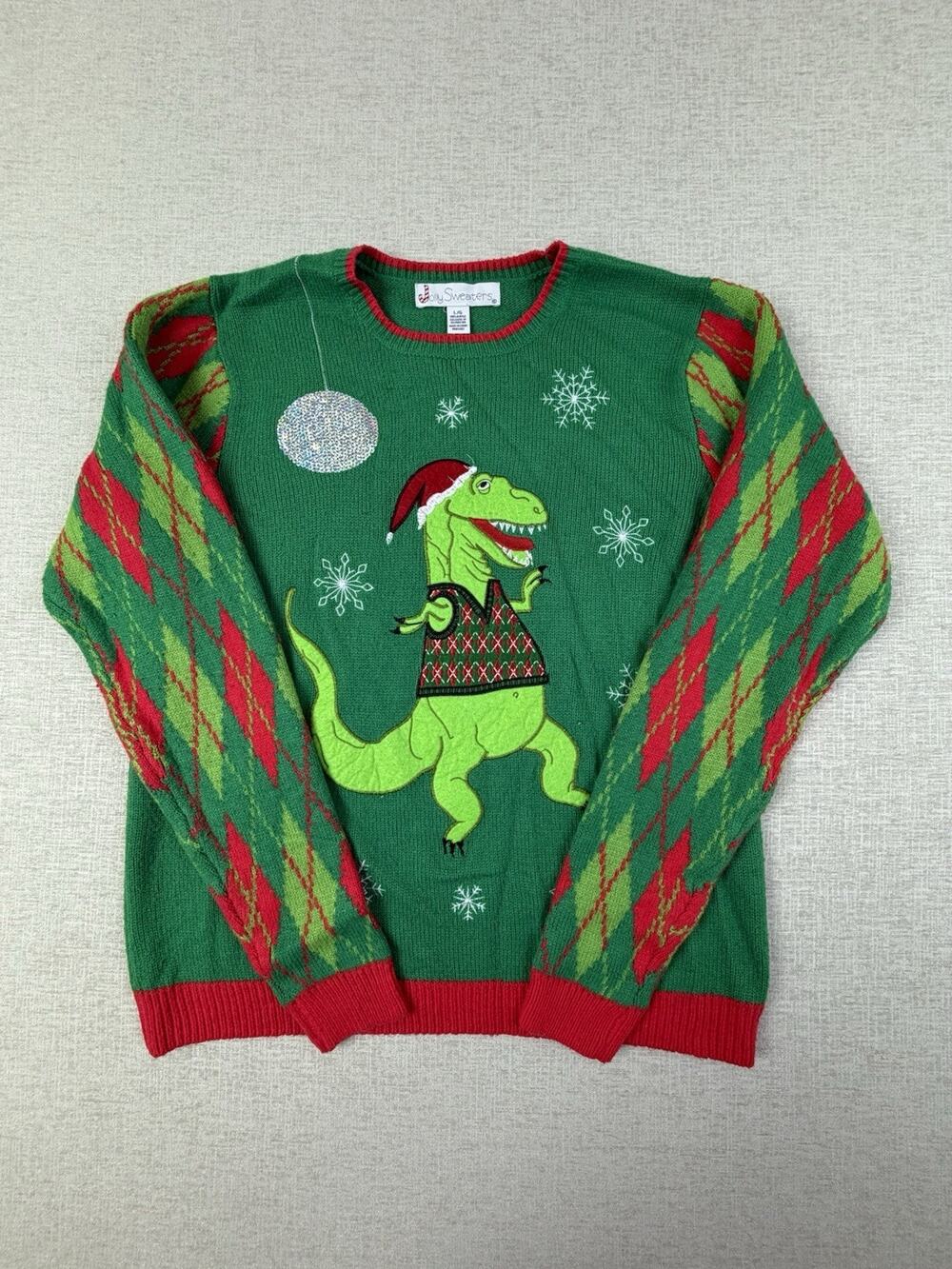 Jolly Sweaters Adult Large Ugly Christmas Sweater T-Rex Dinosaur Santa